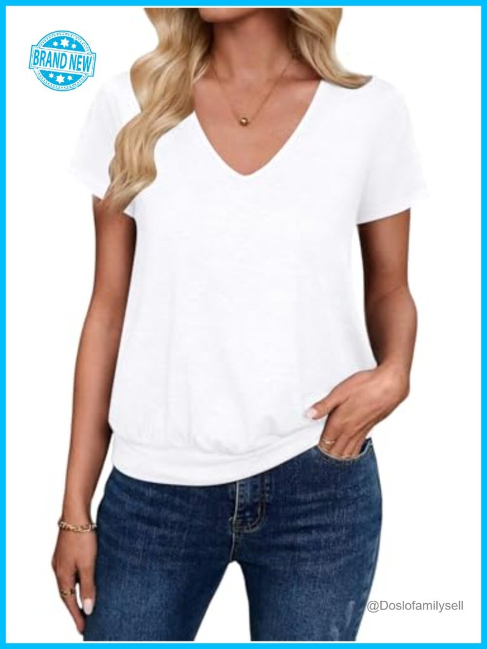 Womens V Neck Short Sleeve T Shirt Banded Bottom Casual Loose Summer Top